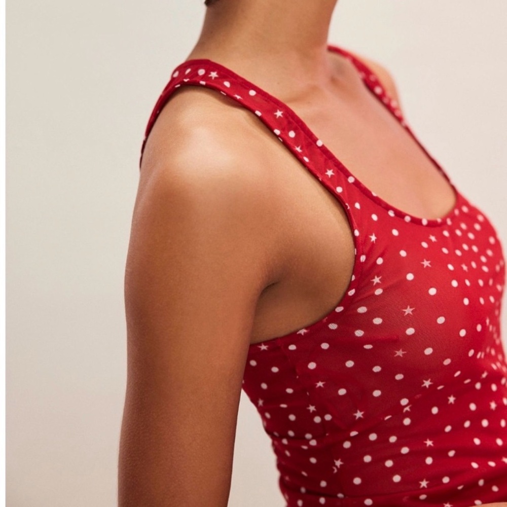 Free People Twosie For One Mesh Top Set in Berry Combo Polka Dot/Star Print Sz L - Picture 4 of 10